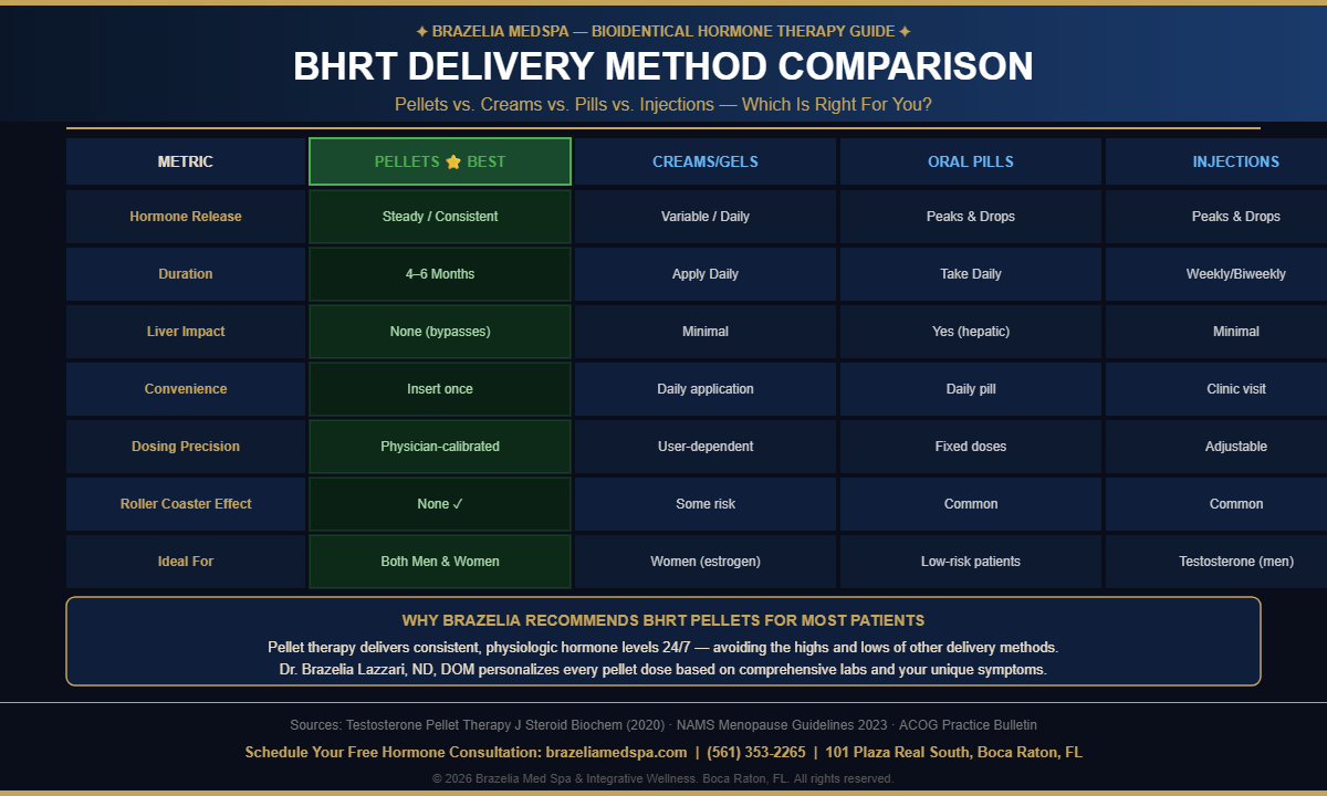BHRT delivery method comparison chart — pellets vs creams vs pills vs injections Boca Raton Brazelia Med Spa