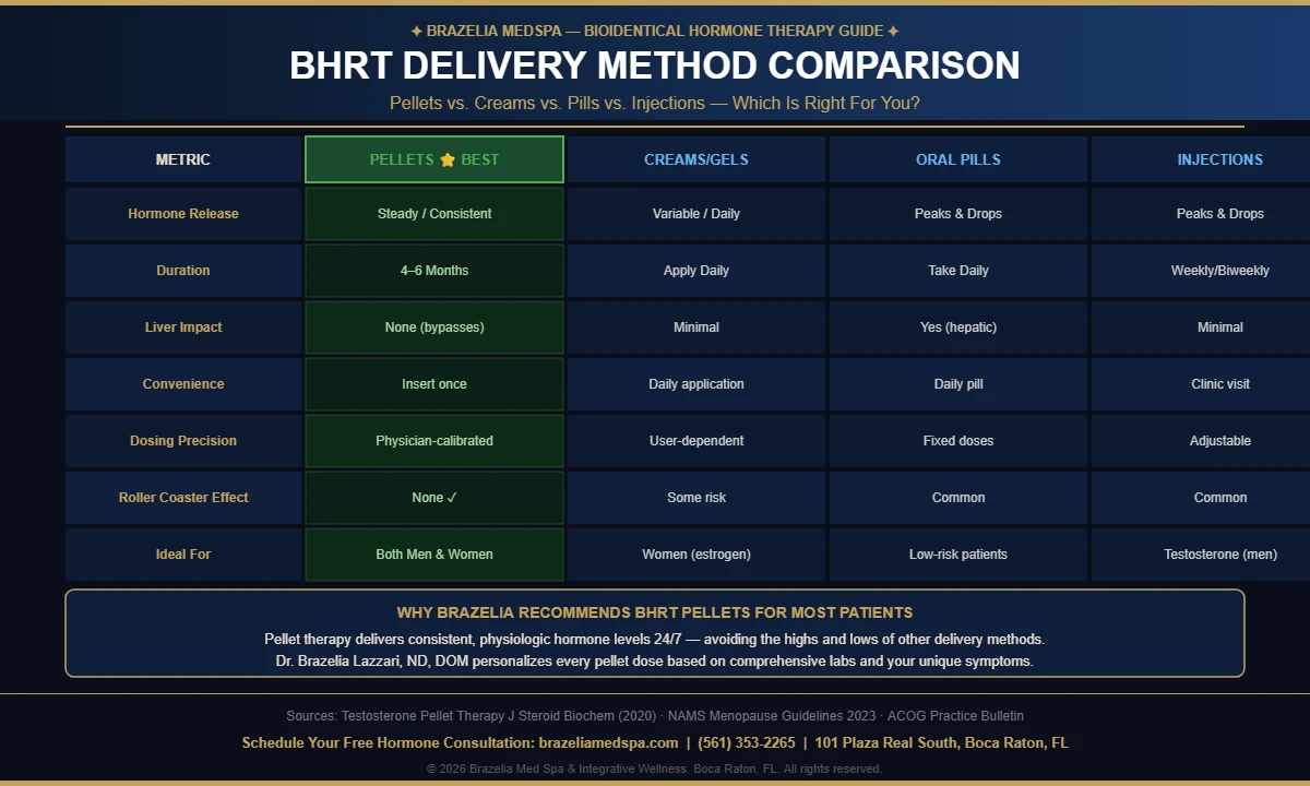 BHRT delivery method comparison chart — pellets vs creams vs pills vs injections Boca Raton Brazelia Med Spa