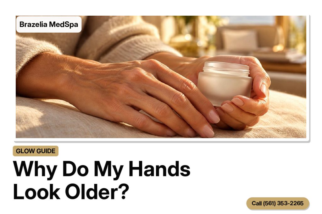 Graceful adult hands on cream linen in golden light, illustrating hand filler for aging hands