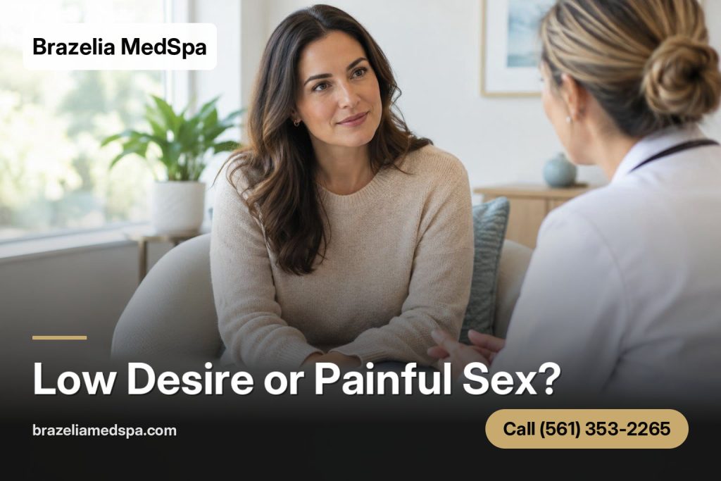 Women's Sexual Wellness Boca Raton consultation scene with an adult woman speaking with a clinician